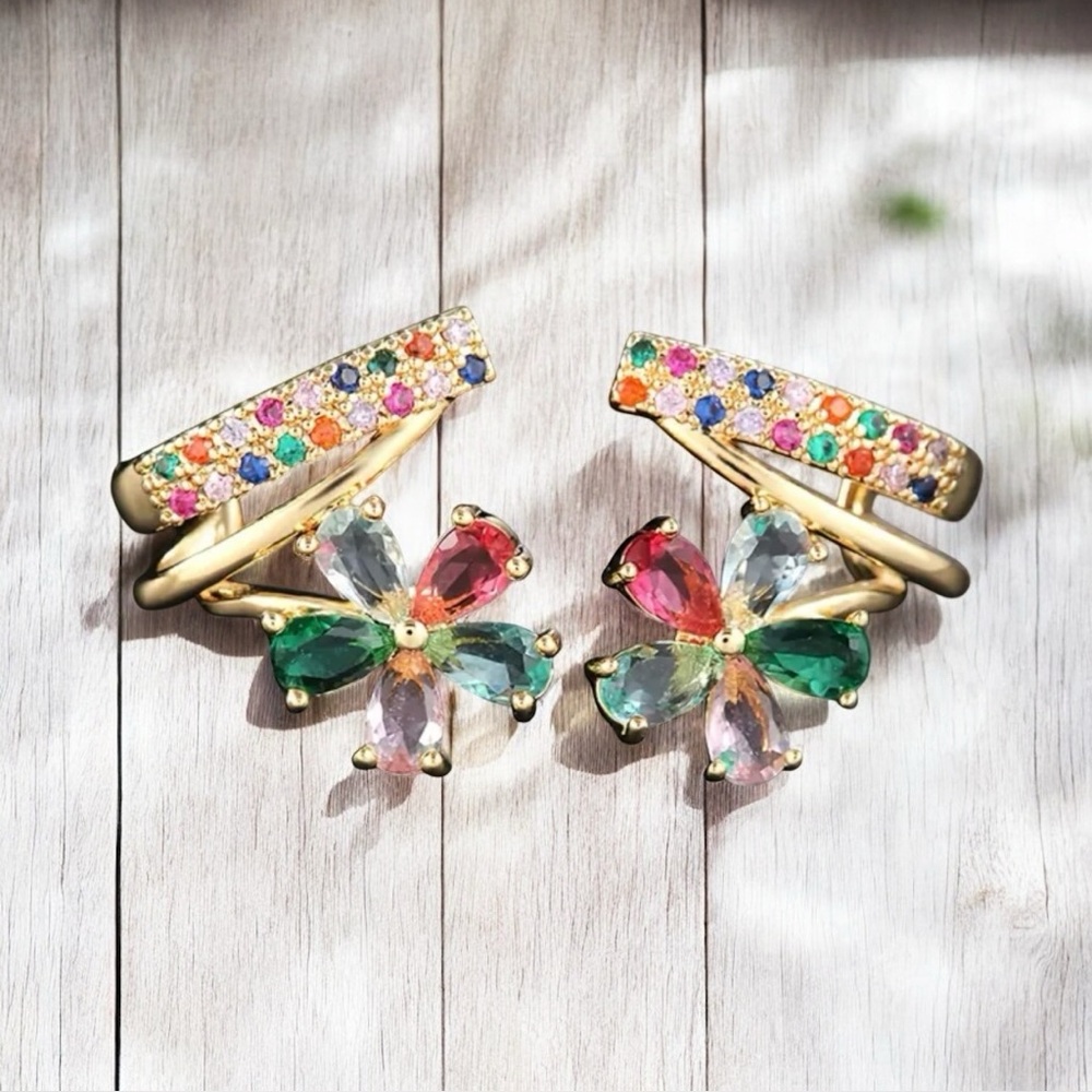New! Gold-Plated Copper Stud Earrings with Cubic Zirconia Flower Design